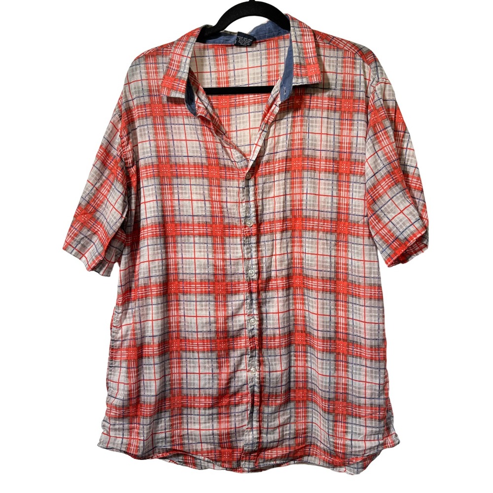 VTG VERDO Mens XL Orange Plaid Linen Cotton Button Up Top Preppy‎ Breathable